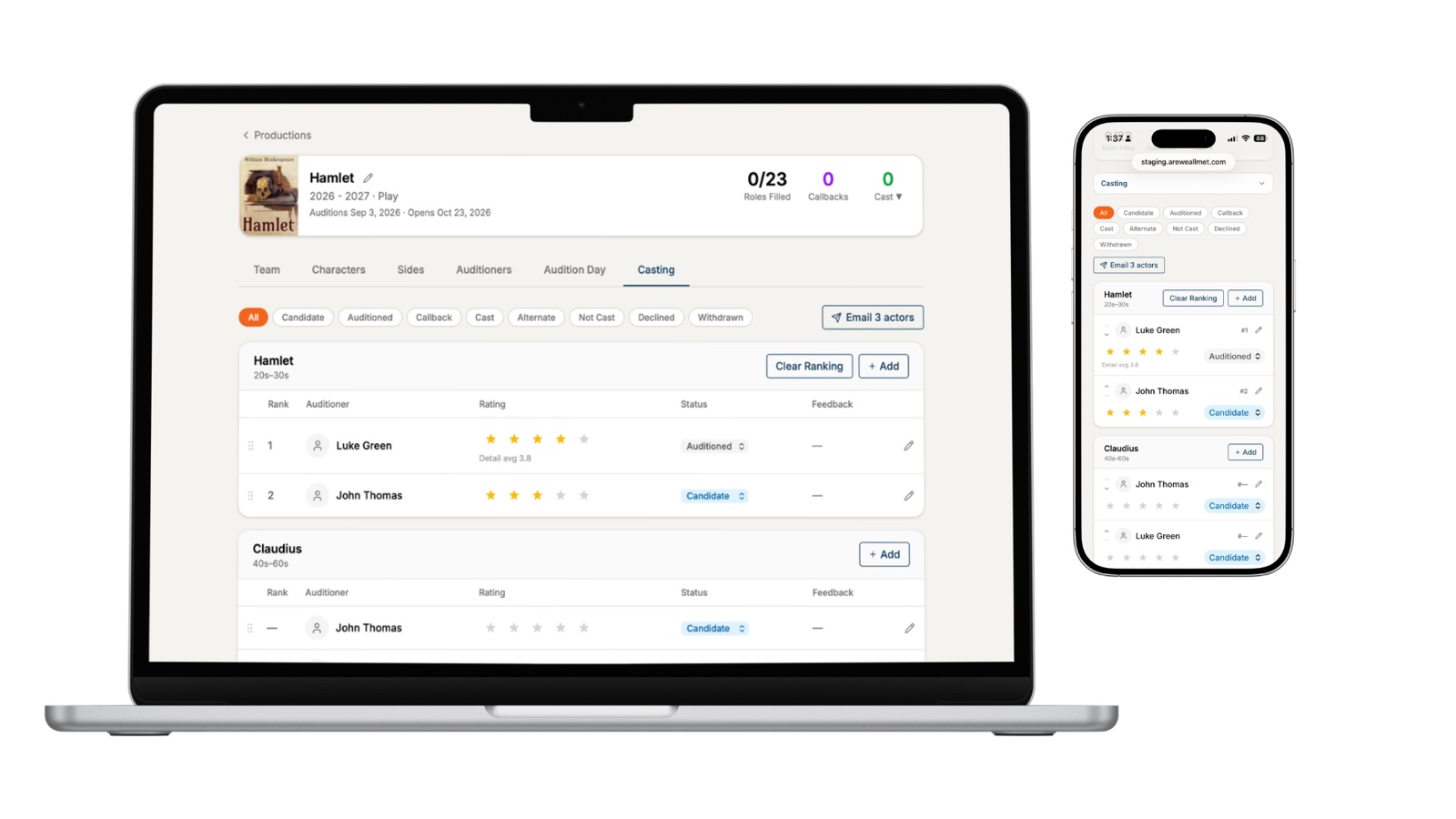 Casting board drag-to-rank view in AuditionKit